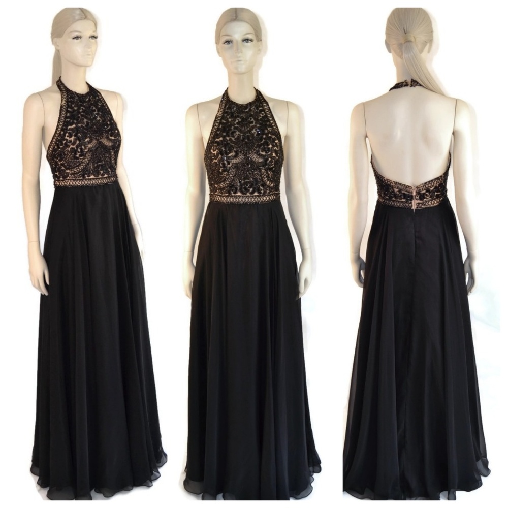 Angela & Alison Black Nude Halter Beaded 4 NWT